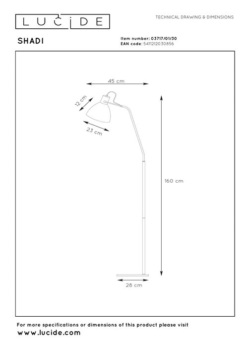 Lucide SHADI - Stehlampe Mit Leselampe - 1xE27 - Schwarz - technisch